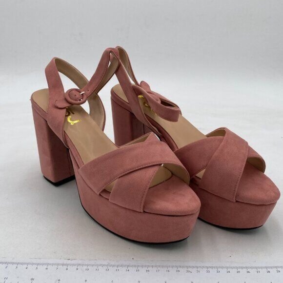 FSJ Pink Peep Toe Chunky High Heels Platform Sandals Ankle Strap Velvet Shoes - Picture 4 of 8